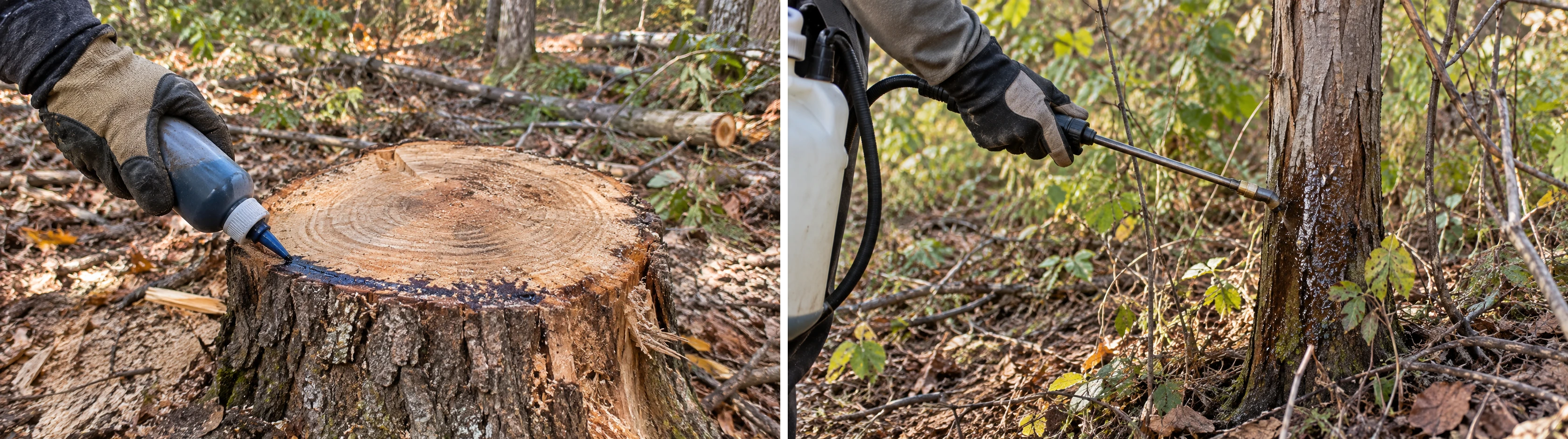 Split image: applying herbicide to a freshly cut tree stump (left) and basal bark treatment on a standing tree trunk (right)